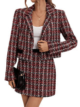Load image into Gallery viewer, Red Black Designer Chic Tweed Blazer Jacket &amp; Skirt Set