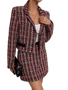 Red Black Designer Chic Tweed Blazer Jacket & Skirt Set
