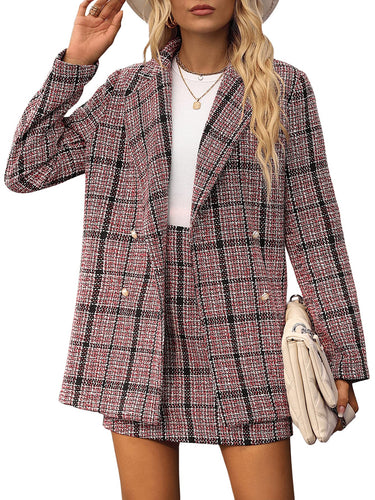 Red Black Plaid Designer Chic Tweed Blazer Jacket & Skirt Set