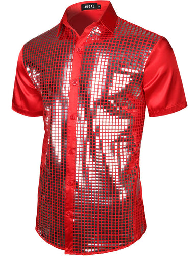 Men's Red Metallic Sequin Shiny Short Sleeve Shirt