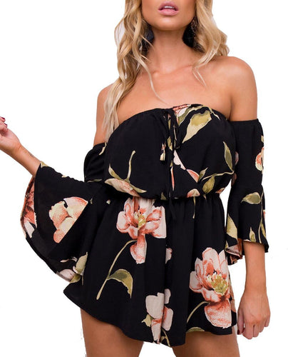 Ruffled Black Floral Off Shoulder Bell Sleeve Shorts Romper