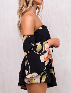 Ruffled Red Floral Off Shoulder Bell Sleeve Shorts Romper