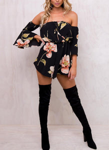 Ruffled Red Floral Off Shoulder Bell Sleeve Shorts Romper