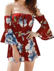 Ruffled Red Floral Off Shoulder Bell Sleeve Shorts Romper