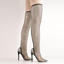 Load image into Gallery viewer, Black Mesh Over The Knee Rhinestone Sparkly Sequin Stiletto Boots