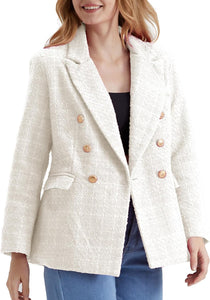 Work Style White Tweed Long Sleeve Double Breasted Blazer Jacket