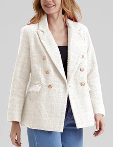 Work Style White Tweed Long Sleeve Double Breasted Blazer Jacket