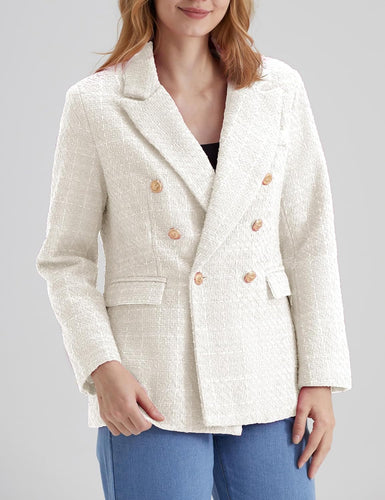 Work Style White Tweed Long Sleeve Double Breasted Blazer Jacket