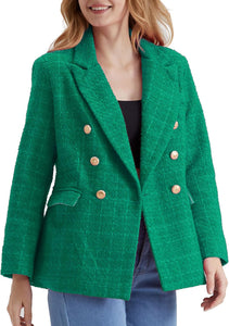 Work Style Green Tweed Long Sleeve Double Breasted Blazer Jacket