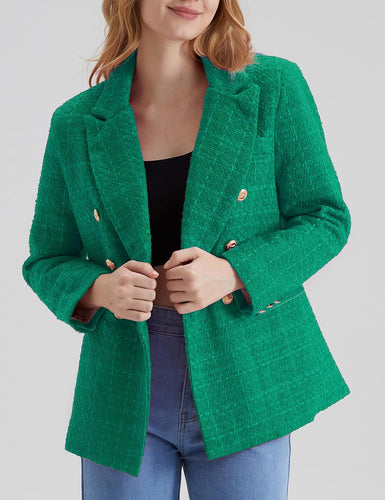 Work Style Green Tweed Long Sleeve Double Breasted Blazer Jacket