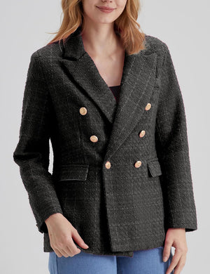 Work Style Black Tweed Long Sleeve Double Breasted Blazer Jacket