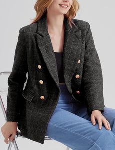 Work Style Black Tweed Long Sleeve Double Breasted Blazer Jacket