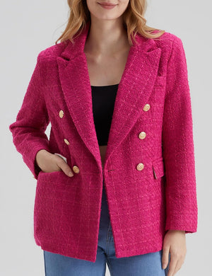 Work Style Pink Tweed Long Sleeve Double Breasted Blazer Jacket