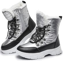 Load image into Gallery viewer, Silver/Black Waterproof Lace Up Fur Snow Boots