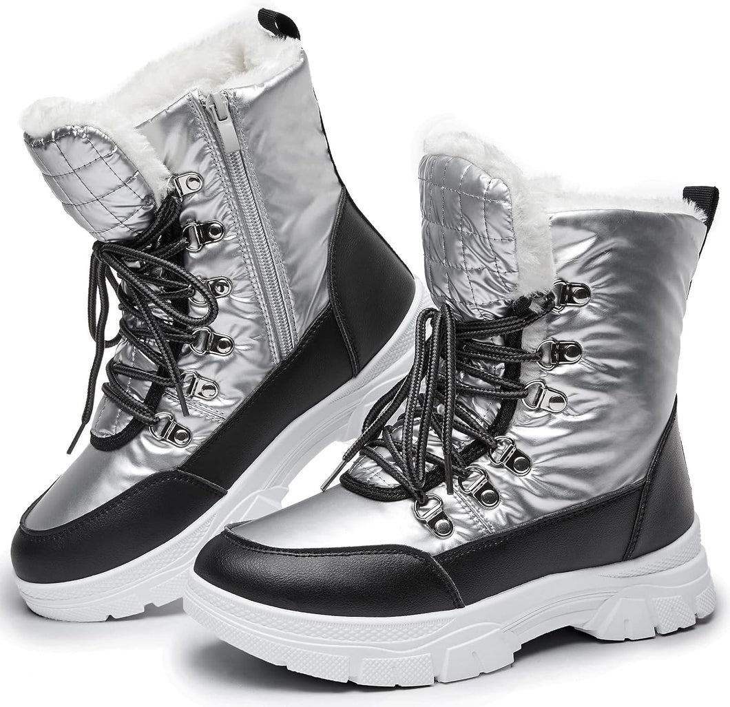 Silver/Black Waterproof Lace Up Fur Snow Boots