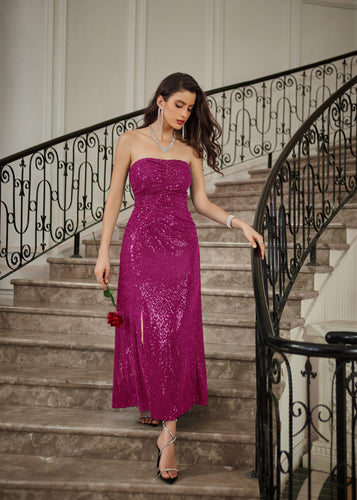 Fuschia Pink Strapless Sequin Formal Style Maxi Dress