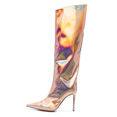 Rose Gold Fashion Forward Metallic Knee High Stiletto Boots