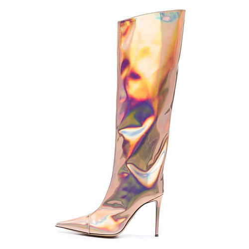 Rose Gold Fashion Forward Metallic Knee High Stiletto Boots