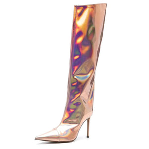 Rose Gold Fashion Forward Metallic Knee High Stiletto Boots