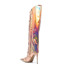 Load image into Gallery viewer, Rose Gold Fashion Forward Metallic Knee High Stiletto Boots