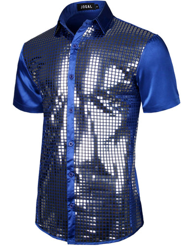 Men's Blue Metallic Sequin Shiny Short Sleeve Short