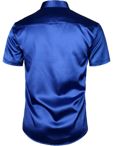 Men's Blue Metallic Sequin Shiny Short Sleeve Short