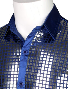 Men's Blue Metallic Sequin Shiny Short Sleeve Short