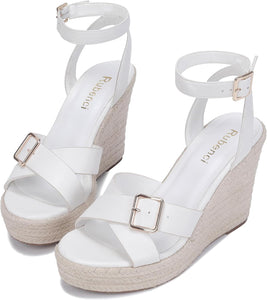 White Chic Ankle Strap Open Toe Wedge Sandals