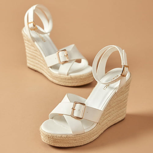 White Chic Ankle Strap Open Toe Wedge Sandals