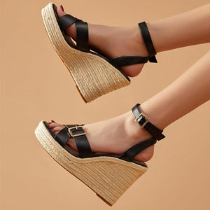 Black Chic Ankle Strap Open Toe Wedge Sandals