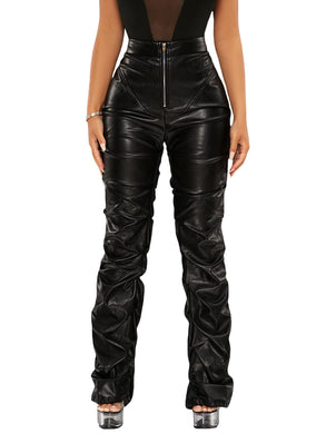 Ruched Black High Waist Faux Leather Pants