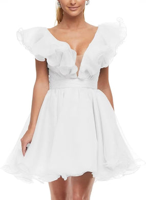 Ruffled White Puff Sleeve Organza Dress
