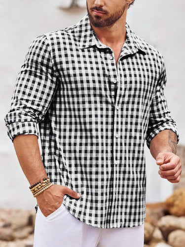 Men's Casual Black Plaid Button Up Long Sleeve Dress Shirt