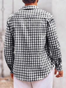 Men's Casual Black Plaid Button Up Long Sleeve Dress Shirt