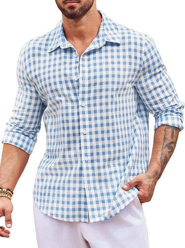 Men's Casual Blue Plaid Button Up Long Sleeve Dress Shirt