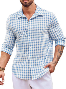 Men's Casual Khaki Plaid Button Up Long Sleeve Dress Shirt