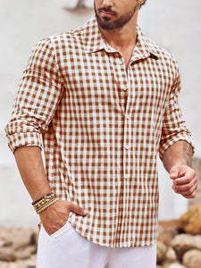 Men's Casual Khaki Plaid Button Up Long Sleeve Dress Shirt