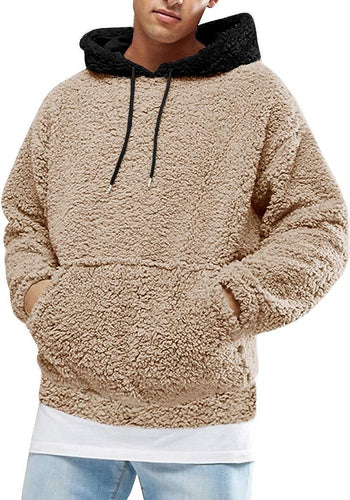 Men's Beige/Black Sherpa Fuzzy Fleece Long Sleeve Hoodie