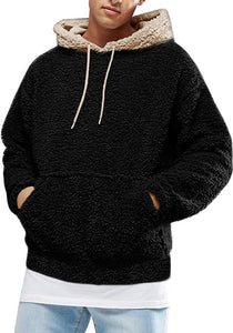 Men's Beige/Black Sherpa Fuzzy Fleece Long Sleeve Hoodie