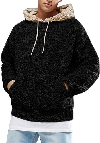 Men's Black/Beige Sherpa Fuzzy Fleece Long Sleeve Hoodie