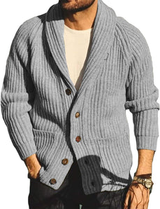 Men's Grey Shawl Ribbed Button Knit Long Sleeve Sweater Cardigan