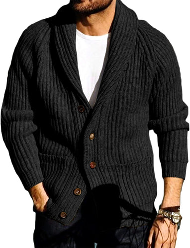 Men's Black Shawl Ribbed Button Knit Long Sleeve Sweater Cardigan