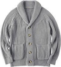 Load image into Gallery viewer, Men&#39;s Grey Shawl Ribbed Button Knit Long Sleeve Sweater Cardigan