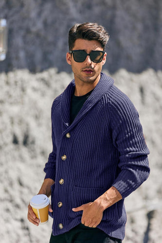 Men's Navy Blue Shawl Ribbed Button Knit Long Sleeve Sweater Cardigan