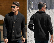 Load image into Gallery viewer, Men&#39;s Black Shawl Ribbed Button Knit Long Sleeve Sweater Cardigan