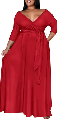 Plus Size Red Long Sleeve Wrap Maxi Dress