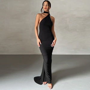 Egyptian Goddess Black Backless Ruched Maxi Dress