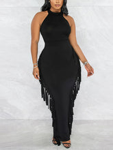 Load image into Gallery viewer, Modern Fringe Black Halter Sleeveless Maxi Dress