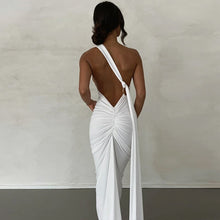 Load image into Gallery viewer, Egyptian Goddess Black Backless Ruched Maxi Dress