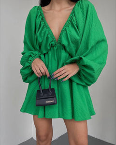 Truffled Olive Green Deep V Lantern Sleeve Mini Dress